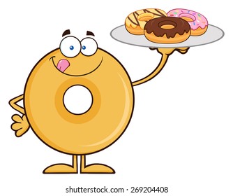 Donut Cartoon Character Serving Donuts. Vector Illustration Isolated On White