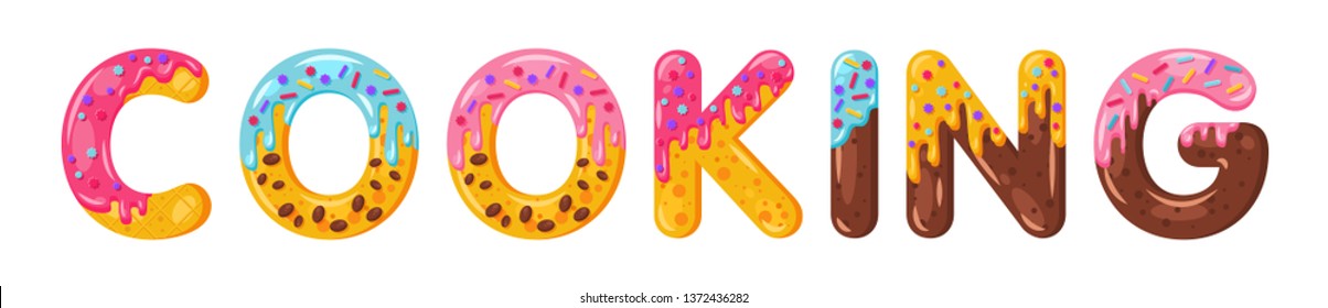 Donut cartoon cooking biscuit bold font style. Glazed capital letters. Tempting flat design typography. Cookies, chocolate letters. White background. Pastry, bakery, waffle isolated vector clipart