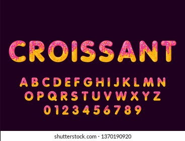 Donut cartoon croissant biscuit bold font style. Glazed capital letters, alphabet, number. Tempting flat design typography. Cookies letters. Eggplant background. Pastry, bakery isolated vector clipart