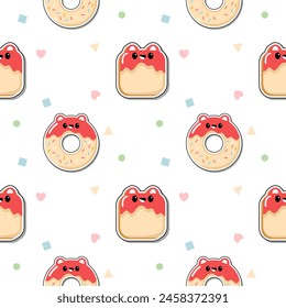 Donut cartoon so cute. On geometry white background. Pattern seamless vector illustration. 