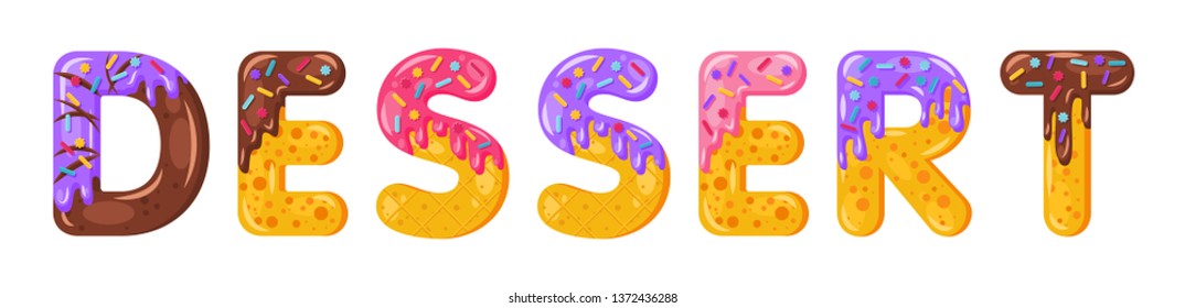 Donut cartoon dessert biscuit bold font style. Glazed capital letters. Tempting flat design typography. Cookies, chocolate letters. White background. Pastry, bakery, waffle isolated vector clipart