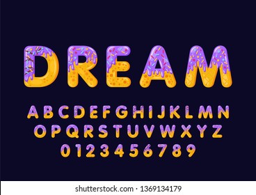 Donut cartoon dream biscuit bold font style. Glazed capital letters, alphabet, numbers. Tempting flat design typography. Cookies letters. Dark blue background. Pastry, bakery isolated vector clipart