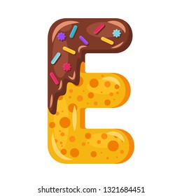 Donut cartoon E letter vector illustration. Biscuit bold font style. Glazed capital letter with icing. Tempting flat design typography. Cookies, chocolate alphabet. Pastry, bakery isolated clipart