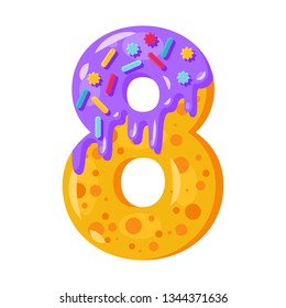 Donut cartoon eight number vector illustration. Biscuit font style. Glazed bold symbol with icing. Tempting flat design typography. Cookies, waffle math sign. Pastry, bakery isolated clipart