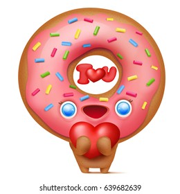 Donut cartoon emoji character with heart in its hands. Vector illustration