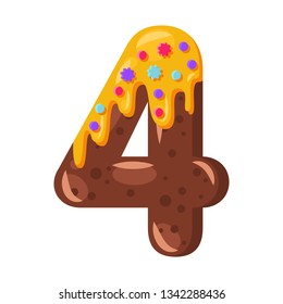 Donut cartoon four number vector illustration. Biscuit font style. Glazed bold symbol with icing. Tempting flat design typography. Cookies, waffle, chocolate math sign. Pastry, bakery isolated clipart