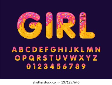 Donut cartoon girl biscuit bold font style. Glazed capital letters, alphabet, number. Tempting flat design typography. Cookies letters. Pure blue violet background. Pastry isolated vector clipart