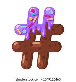 Donut cartoon hash sign vector illustration. Biscuit bold font style. Glazed bold sharp math sign with icing. Tempting flat design typography. Cookies, waffle sign. Pastry, bakery isolated clipart
