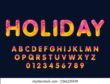 Donut cartoon holiday biscuit bold font style. Glazed capital letters, alphabet, numbers. Tempting flat design typography. Cookies letters. Steelblue background. Pastry, bakery isolated vector clipart