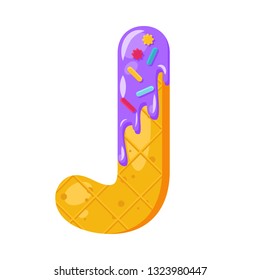 Donut cartoon J letter vector illustration. Biscuit bold font style. Glazed capital letter with icing. Tempting flat design typography. Waffle alphabet. Pastry, bakery isolated clipart