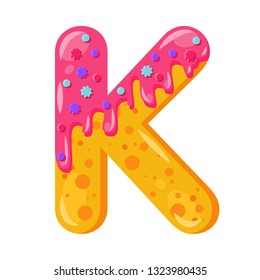 Donut cartoon K letter vector illustration. Biscuit bold font style. Glazed capital letter with icing. Tempting flat design typography. Cookie alphabet. Pastry, bakery isolated clipart