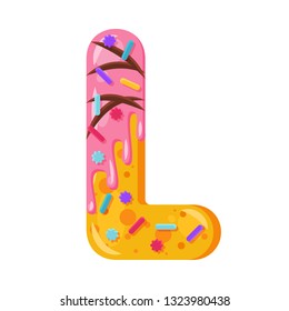 Donut cartoon L letter vector illustration. Biscuit bold font style. Glazed capital letter with icing. Tempting flat design typography. Cookie alphabet. Pastry, bakery isolated clipart