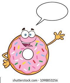 Donut Cartoon Mascot Character With Sprinkles Waving. Vector Illustration Isolated On White Background With Speech Bubble