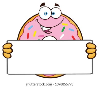 Donut Cartoon Mascot Character With Sprinkles Holding a Blank Sign. Vector Illustration Isolated On White Background