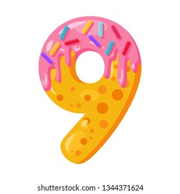 Donut cartoon nine number vector illustration. Biscuit font style. Glazed bold symbol with icing. Tempting flat design typography. Cookies, waffle math sign. Pastry, bakery isolated clipart