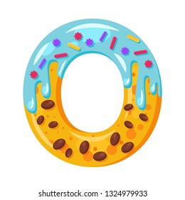 Donut cartoon O letter vector illustration. Biscuit bold font style. Glazed capital letter with icing. Tempting flat design typography. Cookie alphabet. Pastry, bakery isolated clipart