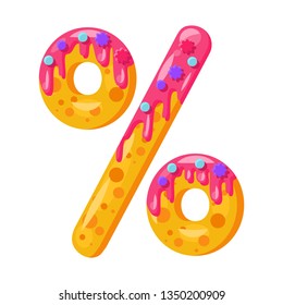 Donut cartoon percent symbol vector illustration. Biscuit font style. Glazed bold math sign with icing. Tempting flat design typography. Cookies, waffle sign. Pastry, bakery isolated clipart