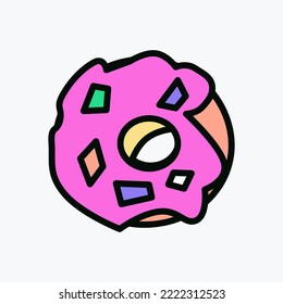 Donut cartoon pin in 80s 90s pop art. Fashion modern stiker with cute funkey fast food elements. Vector Illustration