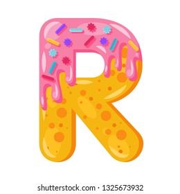 Donut cartoon R letter vector illustration. Biscuit bold font style. Glazed capital letter with icing. Tempting flat design typography. Cookie alphabet. Pastry, bakery isolated clipart