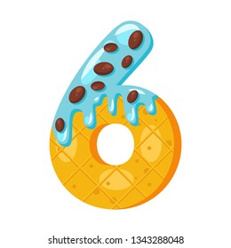 Donut cartoon six number vector illustration. Biscuit bold font style. Glazed symbol with icing. Tempting flat design typography. Cookies, waffle, chocolate math sign. Pastry, bakery isolated clipart