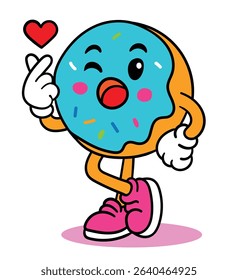 Donut cartoon with symbols, sending mini hearts and likes. Vector file.