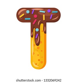 Donut cartoon T letter vector illustration. Biscuit bold font style. Glazed capital letter with icing. Tempting flat design typography. Cookie alphabet. Pastry, bakery isolated clipart