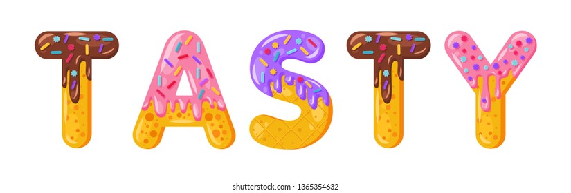 Donut cartoon tasty biscuit bold font style. Glazed capital letters. Tempting flat design typography. Cookies, chocolate letters. White background. Pastry, bakery, waffle isolated vector clipart