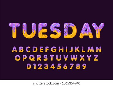 Donut cartoon tuesday biscuit bold font style. Glazed capital letters, alphabet, number. Tempting flat design typography. Cookies letters. Eggplant background. Pastry, bakery isolated vector clipart