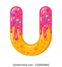 Donut cartoon U letter vector illustration. Biscuit bold font style. Glazed capital letter with icing. Tempting flat design typography. Cookie alphabet. Pastry, bakery isolated clipart