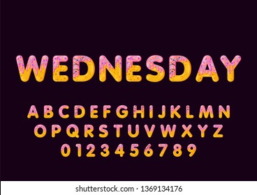 Donut cartoon wednesday biscuit bold font style. Glazed capital letters, alphabet, number. Tempting flat design typography. Cookies letters. Eggplant background. Pastry, bakery isolated vector clipart