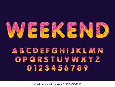 Donut cartoon weekend biscuit bold font style. Glazed capital letters, alphabet, numbers. Tempting flat design typography. Cookies letters. Pure blue violet background. Pastry isolated vector clipart