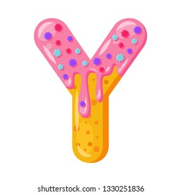 Donut cartoon Y letter vector illustration. Biscuit bold font style. Glazed capital letter with icing. Tempting flat design typography. Cookie alphabet. Pastry, bakery isolated clipart
