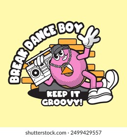 Donut Character Break Dance Mascot Vintage Illustration