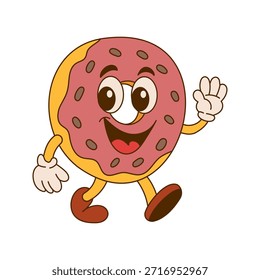 Donut character doughnut vector cartoon retro funny food illustration with cute and happy style for kids. Vintage kawaii dessert design for posters or stickers. Smiling donut mascot waving.