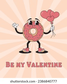 Donut character in groove style. Valentine's Day. Retro style.Comic flat donut with face on decorated background. Image of cute tasty donut for poster or banner. Vector illustration.