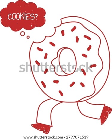 Donut character with legs dashes forward, sprinkles visible, thought bubble asks for cookies in a retro hand-drawn style. Humor, craving, morning snack, and whimsy vibe. Cartoon vector illustration.