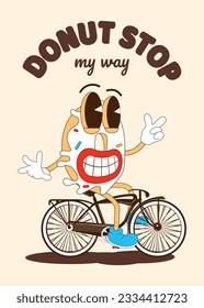 Donut character on a bike. Retro mascot in psychedelic style.