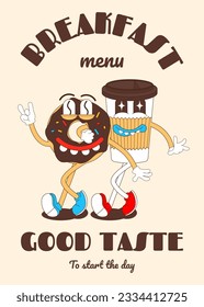 Donut character, retro mascot character, breakfast menu, cafe, restaurant, bakery.
