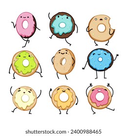 caricatura de conjunto de personajes de donut. símbolo de caracter de doodle de cara dulce, alegre divertido, gráfico. ilustración vectorial de símbolo aislado