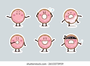 Donut characters sticker pack. Donut emoji, stickers, characters, mascots. Pink glazed donuts collection. Emoji set. Cartoon characters.