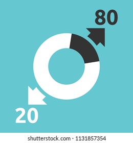 Donut Chart, Arrows Showing Majority 80 Percent Producing 20 And Key 20 Generating 80. Pareto Rule, Law Of Vital Few, Principle Of Factor Sparsity. Vector Illustration, No Transparency, No Gradients