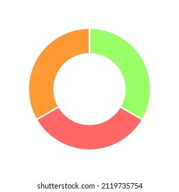 Donut chart. Colorful circle diagram divided in 3 sections. Infographic wheel icon. Round shape cut in equal three parts isolated on white background. Vector flat illustration