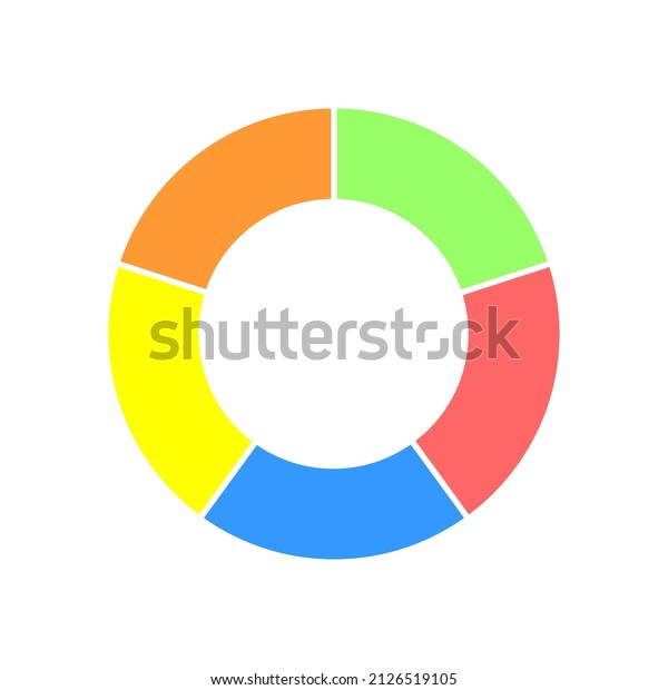 Donut chart.
Colorful circle diagram segmented in 5 sections. Infographic wheel
icon. Round shape cut in five equal parts isolated on white
background. Vector flat
illustration