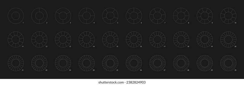 Donut chart diagram on black background. Simple line ring or circle divided into sectors. Set of infographic templates for parts of whole data presentation.