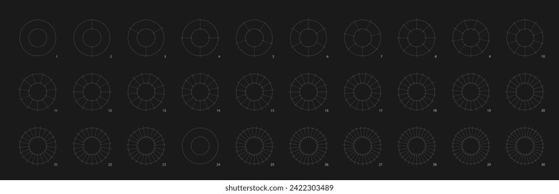 Diagrama del gráfico de puntos sobre fondo negro. Anillo de línea simple o círculo dividido en sectores. Conjunto de plantillas infográficas para partes de la presentación de datos completa.