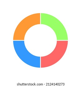 Donut chart divided in 4 sections. Colorful round diagram. Infographic wheel icon. Circle shape cut in four equal parts isolated on white background. Vector flat illustration