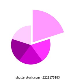 Donut chart divided in 5 monochrome magenta sections. Round diagram with one separated fragment. Infographic wheel icon. Circle shape cut in five equal parts. Vector flat illustration