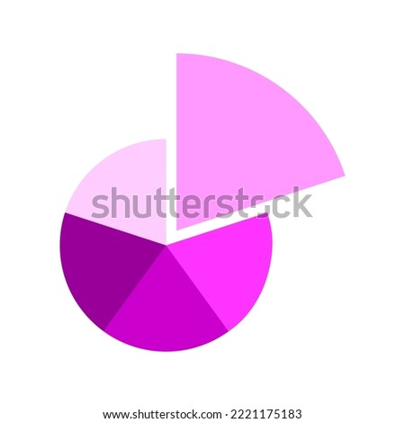 Donut chart divided in 5 monochrome magenta sections. Round diagram with one separated fragment. Infographic wheel icon. Circle shape cut in five equal parts. Vector flat illustration