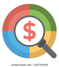 
A donut chart and with dollar sign under magnifying glass symbolising business analysis 
