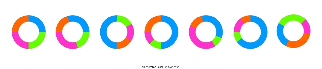 Donut chart examples. Circle diagrams divided in 4 sections of different colors. Simple infographic pie or wheel templates. Round shapes cut in four parts. Vector flat illustration.